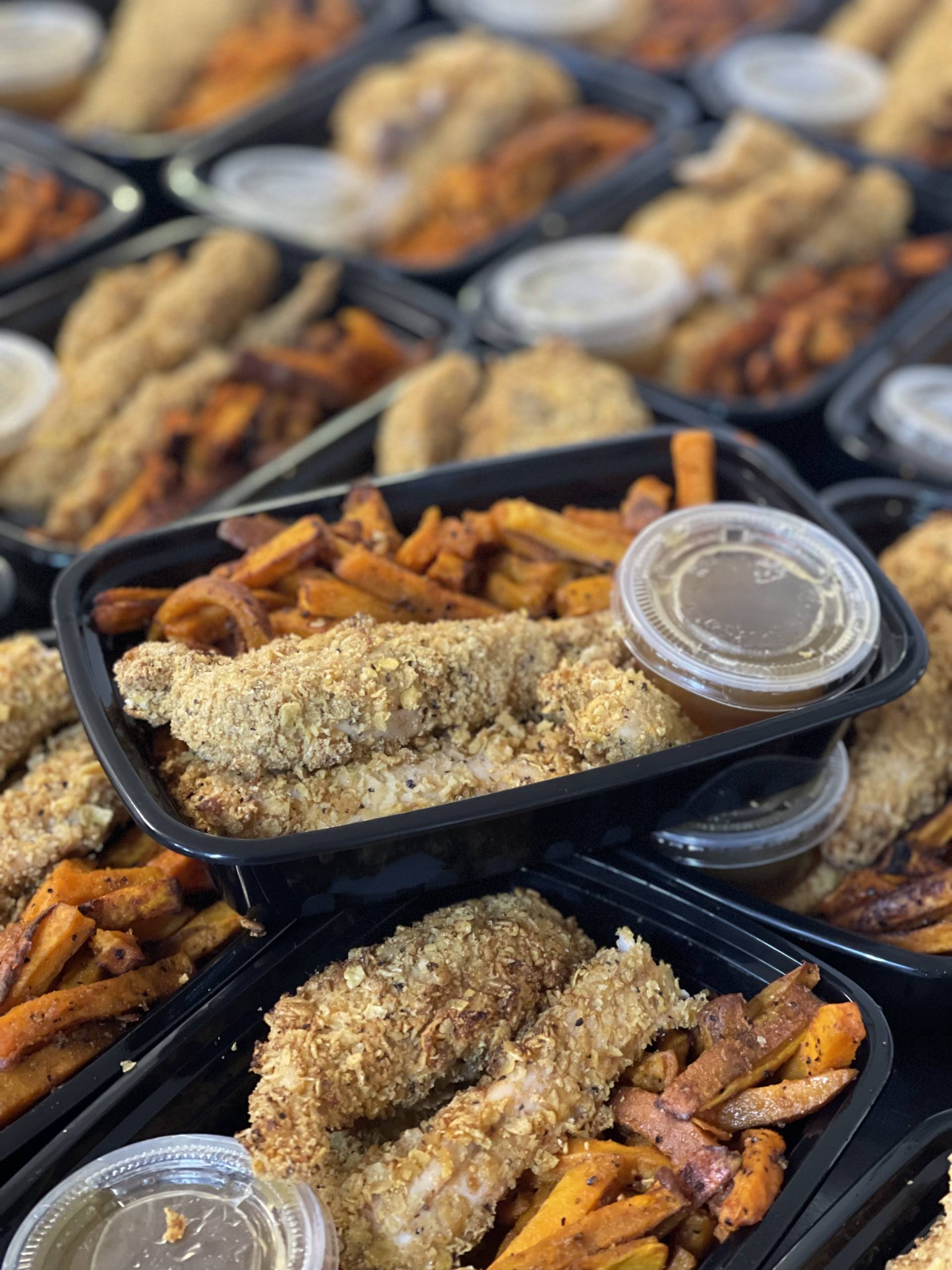 Crispy Baked Garlic Chicken Tenders W/ Honey Bourbon Glaze & Baked Sweet Potato Fries